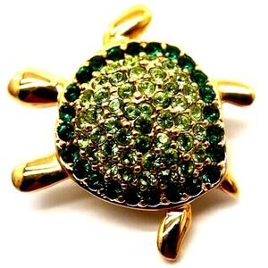 Monet Rhinestone Turtle Brooch Pin Light Dark Green Gold Tone